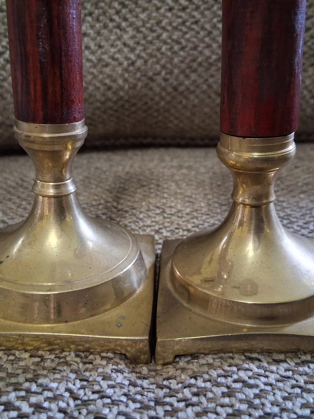 Vintage Pair Brass & Wood Taper Candlestick Holders